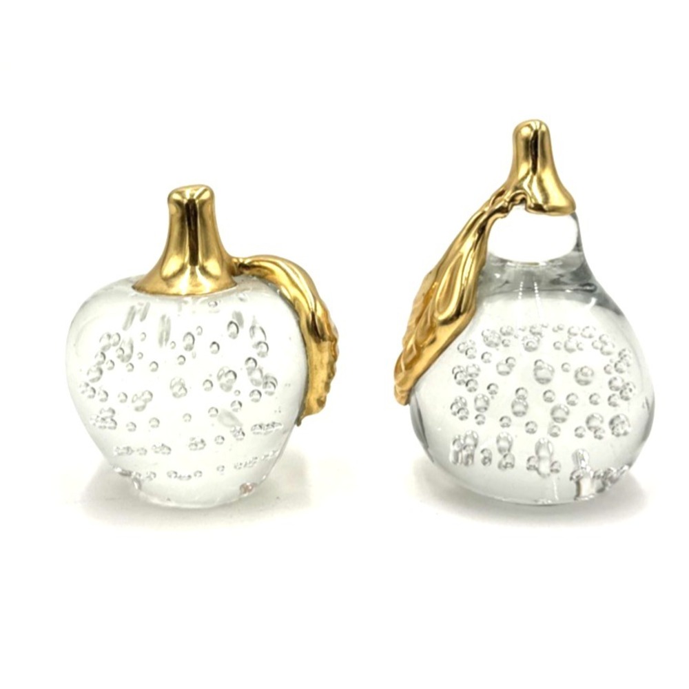 Apple and Pear Art Glass & Brass Leaf Controlled Bubble Paperweight VTG Set of 2